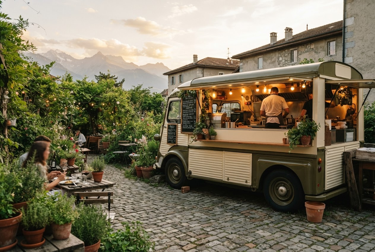 Food truck italien dans un jardin ensoleillé, au pied des montagnes